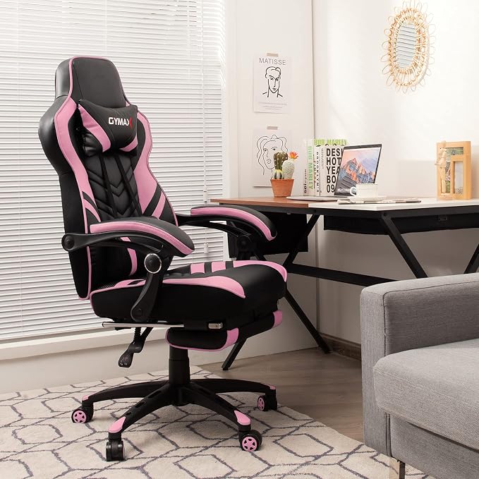 GYMAX Gaming Chair, Ergonomic Computer Chair with Footrest, Linkage Armrests & Lumbar Cushion, Big Wide High Back Video Gaming Chair, Reclining Office Rolling Chair for Adult/Teens (Pink) - Image 9