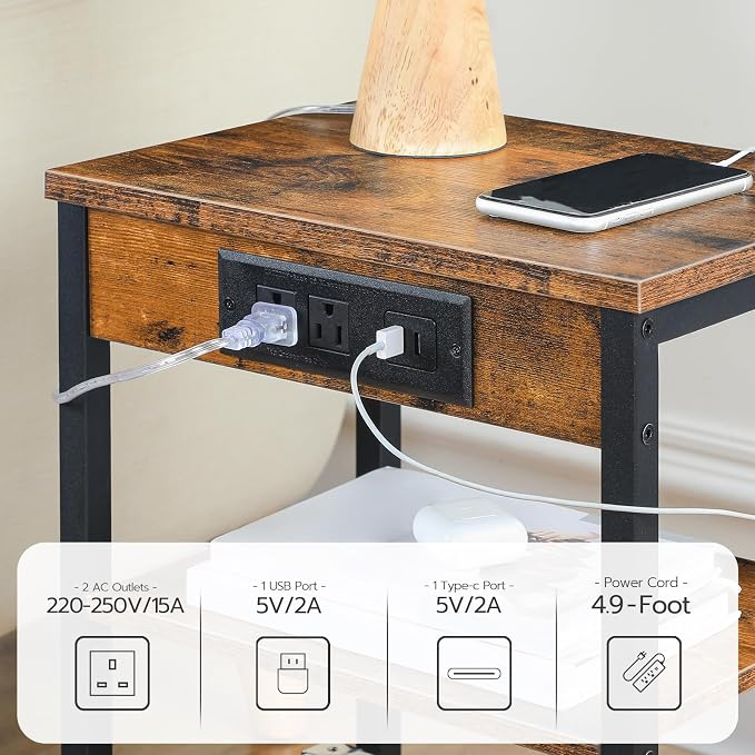 HOOBRO Side Table with Charging Station and USB Port, Small End Table for Small Space, 3-Tier Nightstand with Adjustable Shelf, for Living Room, Bedroom, Rustic Brown BF112BZ01 - Image 4
