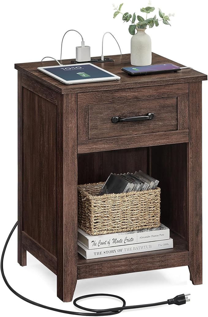 VASAGLE Farmhouse Nightstand with Charging Station, 1 Drawer by Unknown
