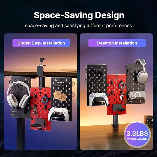 PEGZONE Modular Headphone and Controller Holder for Game, Clamp-on Pegboard, Rotatable Controller Stand with Cable Hooks, Gaming Accessory for Xbox PS5 PS4 Nintendo Switch, 3Pcs Pegboard, Red | Modular Desk Controller Stand with Cable Hooks - Image 3