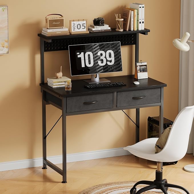 MUTUN Small Desk with Drawers, 31 Inch Computer Desk with Power Outlet & LED Light, Gaming Desk with Adjustable Monitor Stand & Pegboard, Modern PC Study Writing Table for Bedroom, Black - Image 2