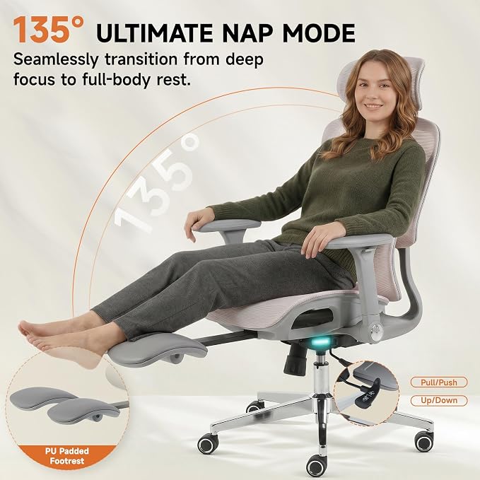 Korser Ergonomic Mesh Office Chair with Footrest, Big and Tall Desk Chair with 4D Flip-Up Arms, Auto-Tracking Lumbar Support, 3D Headrest, High Back Computer Gaming Chair for Home Office, Pink - Image 7
