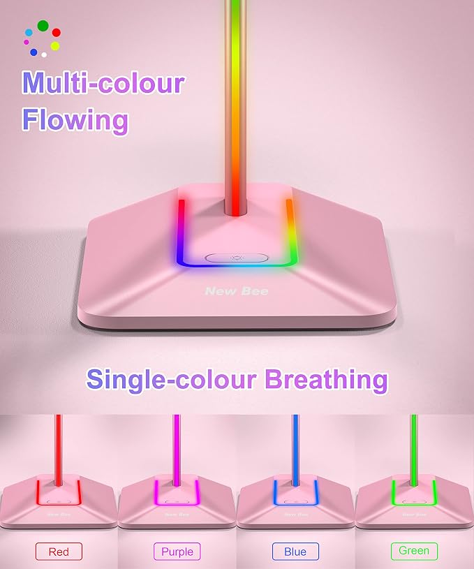New Bee RGB Headphone Stand Gaming Headset Holder USB Charger Desktop Pink | USB-C & USB Charging Ports, Stable Desktop Earphone Stand for All Headphones Size - Image 2