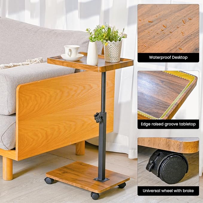 C Table End Table Adjustable Height,C Shaped End for Couch，Snack Tables,360°Swivel TV Tray Sofa Table,Tables that Slide Under,Coffee SideTable for Bed,Chair,Bath-tub (Original Wood Color) - Image 6