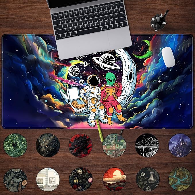 Funny Space Mouse Pad Desk Mat Astronaut Alien Large Gaming Mouse Pads Anime Desk Pad Mousepad XXL Cool Trippy Universe Extended Keyboard Mat with Stitched Edges Anti-Slip, 31.5 X 15.8 in - Image 2