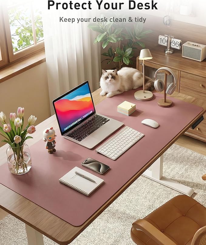 Aothia Faux Leather Desk Mat - Large Mouse Pad, Non-Slip PU Leather Blotter, Waterproof Writing Surface for Office and Home (Dark Pink, 63" x 17") - Image 3