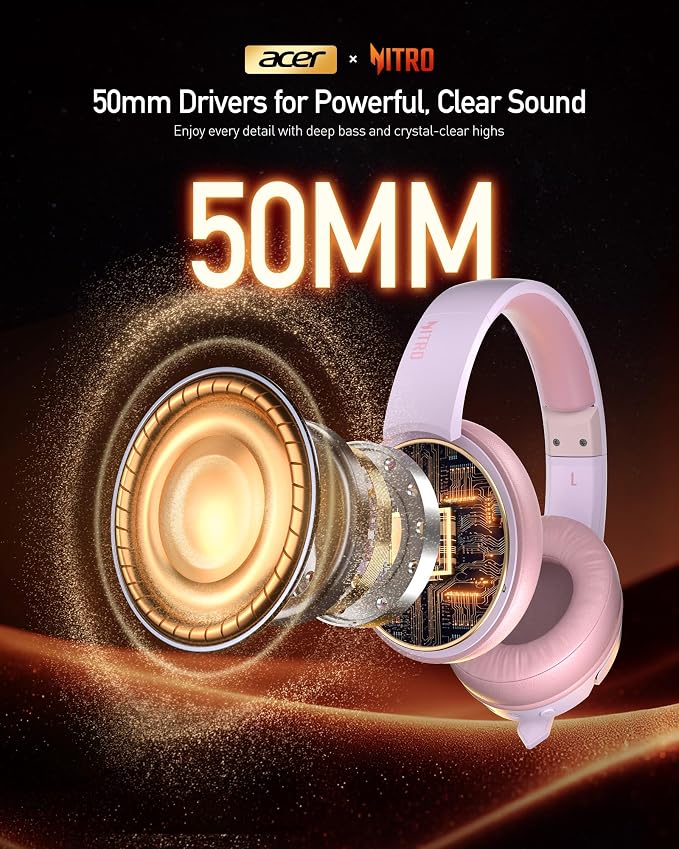 acer Wireless Gaming Headset, PS5 Headset with 2.4GHz for Ps5, Ps4, PC, Switch, Bluetooth 5.3 + 100Hrs Gaming Headphones with Noise Canceling Mic for Laptop, Mobile, Mac, 50mm Drivers (Pink) - Image 7