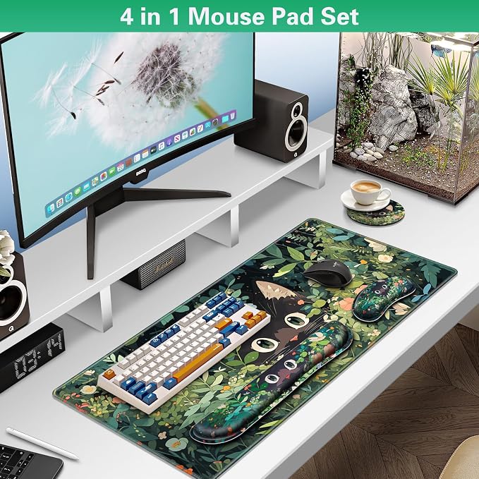 Canjoy Desk Mat with Wrist Rest, Anime Black Cats Keyboard and Mouse Pad - Image 2