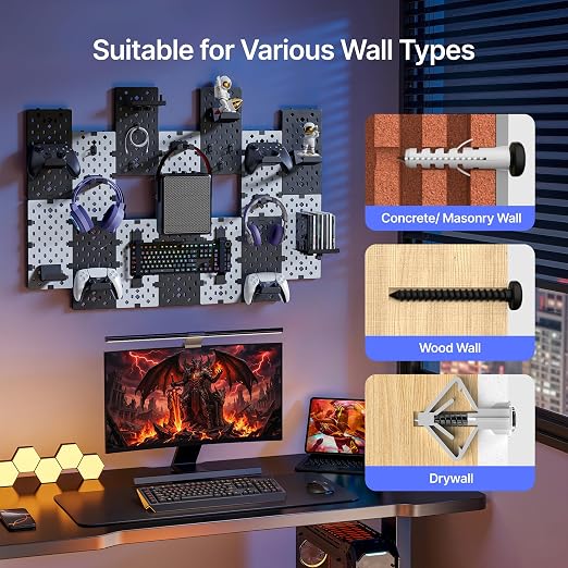 PEGZONE Controller and Headphone Holder Wall Mount, 14pcs, Black & White | Modular Gaming Pegboard with Accessories, Controller Stand, Disc Shelf Organizer - Image 5