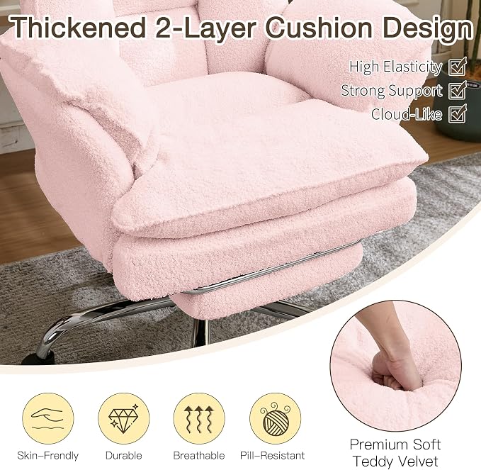JOMEED Cloud Cross Legged Office Chair with Footrest,Flip Armrest,Pink | Ergonomic Teddy Big and Tall Executive Chair with Wheels,155° Reclining Computer Wide Desk Chair for Home,Office - Image 7
