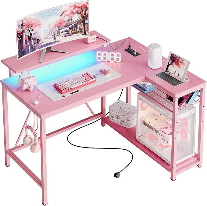 Bestier 42-Inch Pink L-Shaped Gaming Desk with Charging & LED by Bestier