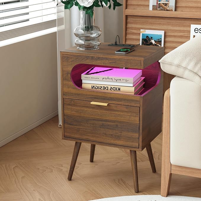 Veegle Nightstand,Modern Bedside Table with Storage Drawer and Open Wood Shelf, Accent Night Stand with Solid Wood Legs for Living Room, Bedroom and Small Spaces,Easy Assembly (Walnut Brown-1) - Image 7