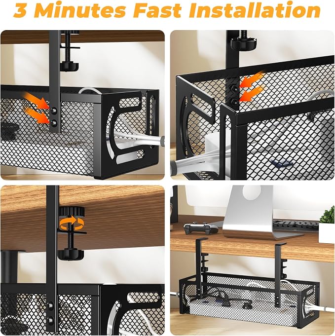 Under Desk Cable Management Tray, 15.7'' No Drill Steel Desk Cable Organizers, Wire Management Tray Cable Management Rack (2 Packs-Black) - Image 6