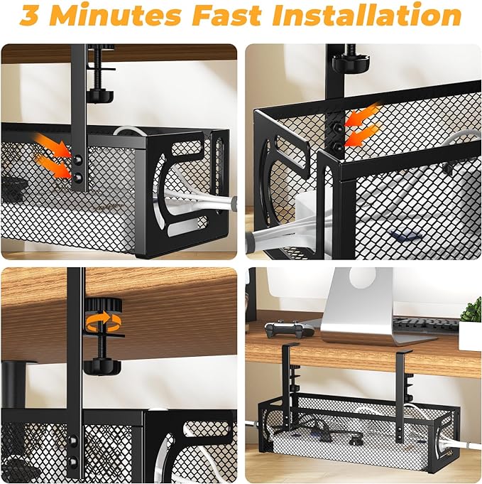Under Desk Cable Management Tray, 15.7'' No Drill Steel Desk Cable Organizers, Wire Management Tray Cable Management Rack (1 Pack-Black) - Image 6
