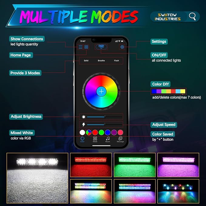 12 Inch RGB Light Bar 12" RGBW LED Pod Lights Color Chasing Light Pods Multicolor Lights for ATV UTV Polaris RZR Ranger Can-am x3 Truck Pickup Wrangler F150 SxS - Image 3