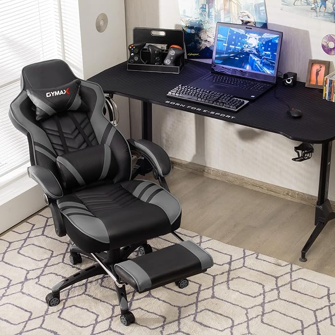GYMAX Gaming Chair, Ergonomic Computer Chair with Footrest, Linkage Armrests & Lumbar Cushion, Big Wide High Back Video Gaming Chair, Reclining Office Rolling Chair for Adult/Teens (Gray) - Image 2