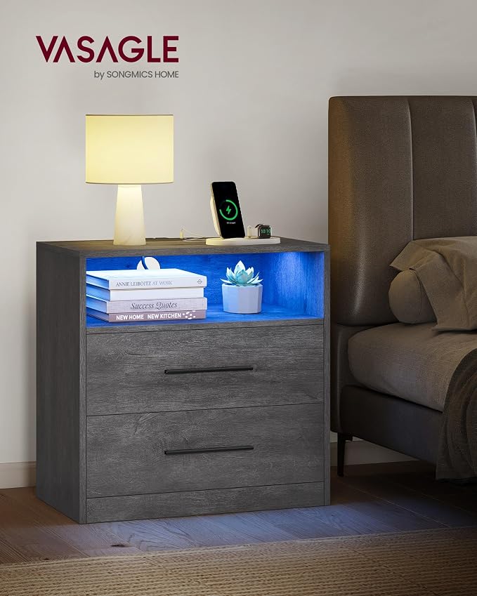 VASAGLE 23.6 Nightstands, LED Lights, Charging Station, 2 Drawers - Image 3