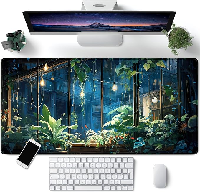 Plant Desk Mat Green Big Mouse Pad Large Gaming Mousepad Extended Keyboard Pad City View Aesthetic Desk Pad XXL Mouse Mat 31.5''X15.7'' Office Decor Cute Desk Accessories for Women by CYZFF