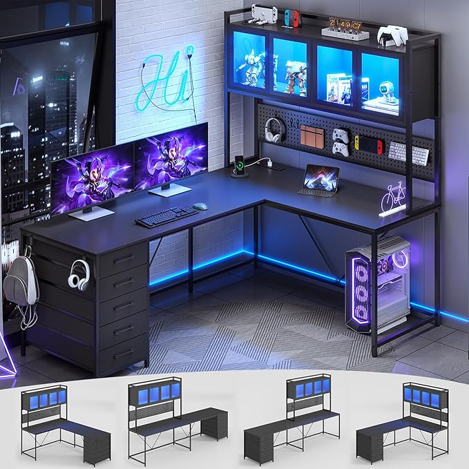 SEDETA L Shaped Gaming Corner Desk with Drawers, Hutch and Storage Shelves | Reversible Computer Desk, Gaming Desk with Pegboard, Led Lights, and Power Outlet for Home Office, Small Space, Black by SEDETA