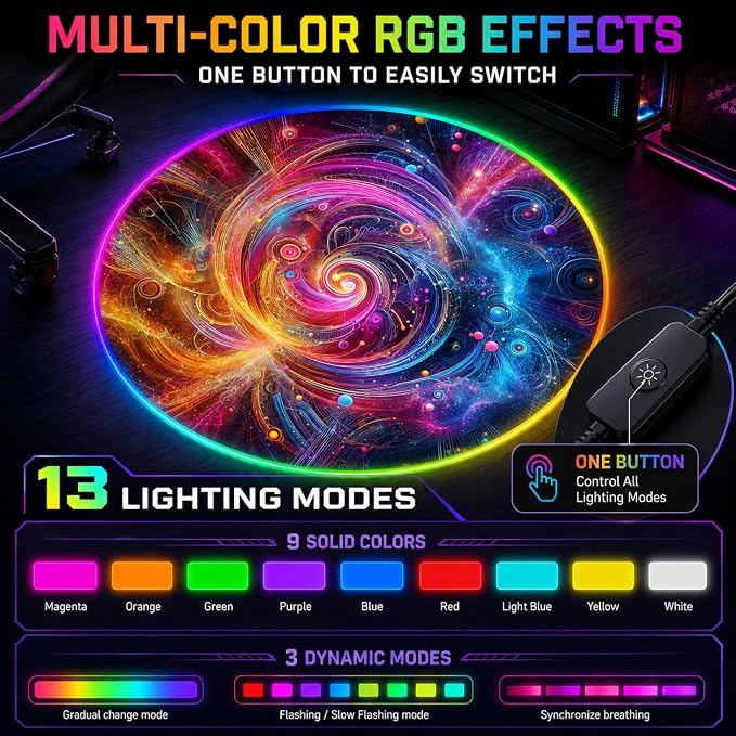 Gaming Chair Mat for Hardwood Floor Circle RGB Gaming Lights (Neon 47”) - Noise Cancelling, Anti-Slip Gamer Floor Mat – Scratch Resistant Computer Gaming Mat for Chair – Office Chair Mat - Image 2