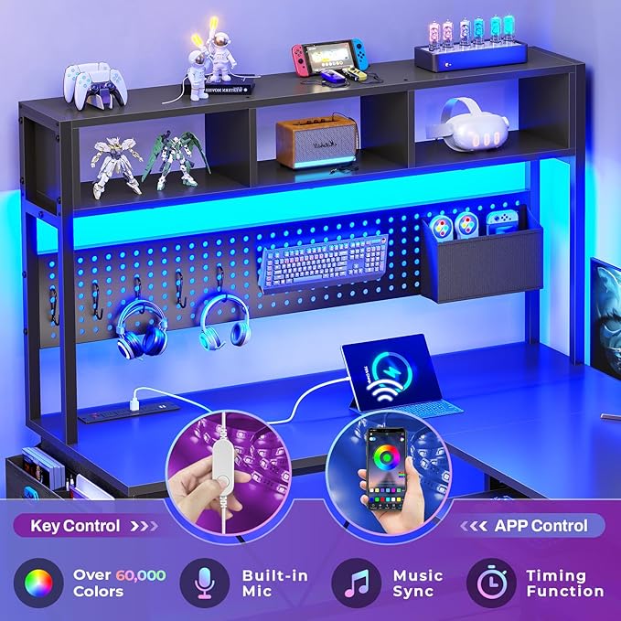 SEDETA L Shaped Gaming Desk with Hutch, 57.5” Reversible Corner Computer Desk with Storage Shelves, Gaming Desk with Pegboard, LED Lights, Power Outlet, Keyboard Tray and Storage Bag, Black - Image 4