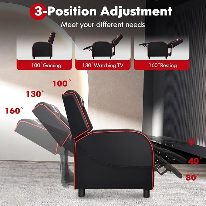 GYMAX Gaming Recliner, Massage Gaming Chair with Adjustable Footrest, Remote Control & Side Pocket, Ergonomic Game Lounge Chair, Racing Style Single Theater Seat Game Sofa for Adults (Red) - Image 7