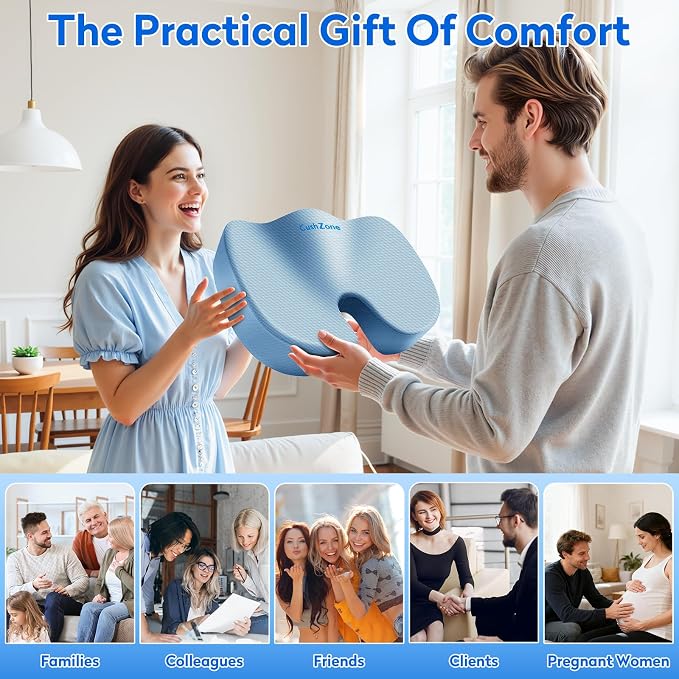 CushZone XXL Memory Foam Seat Cushion for Office & Car, Light Blue | U-shaped Coccyx Cutout, Contoured Design, Breathable Removable Mesh Cover, Non-Slip Base, Carry Handle - Image 7