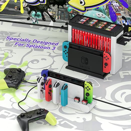Switch Game Storage with Controller Charger for Nintendo Switch & OLED Model (Designed for Splatoon 3), Switch Charging Dock Charges 6 Joycons, Gaming Accessories Holder Switch Gift Card Organizer - Image 6