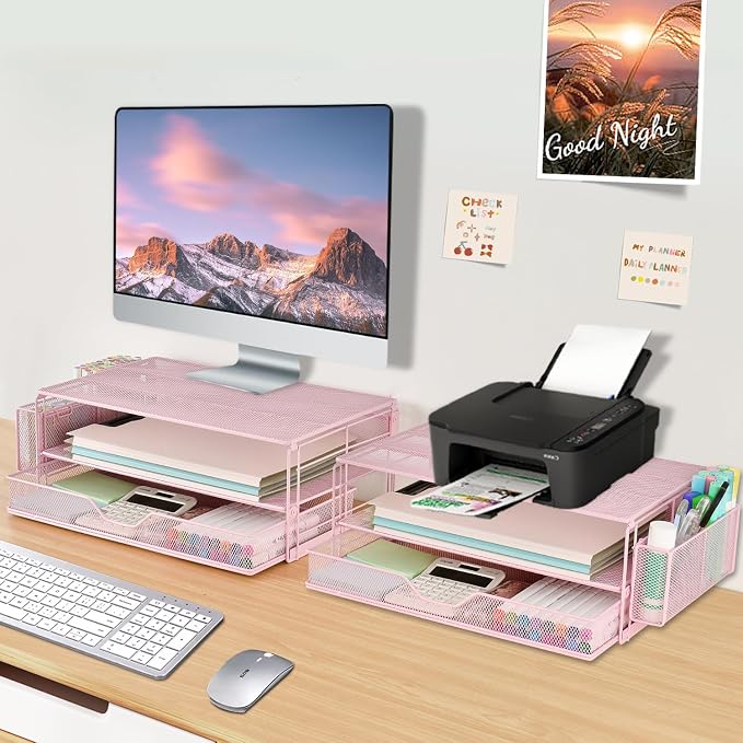 AUPSEN Computer Monitor Stands Riser，2-Tier Desk Organizers and Accessories, Office Desk Accessories Organizer with Drawers and 2 Pen Holder for Office Supplies (Pink) - Image 7