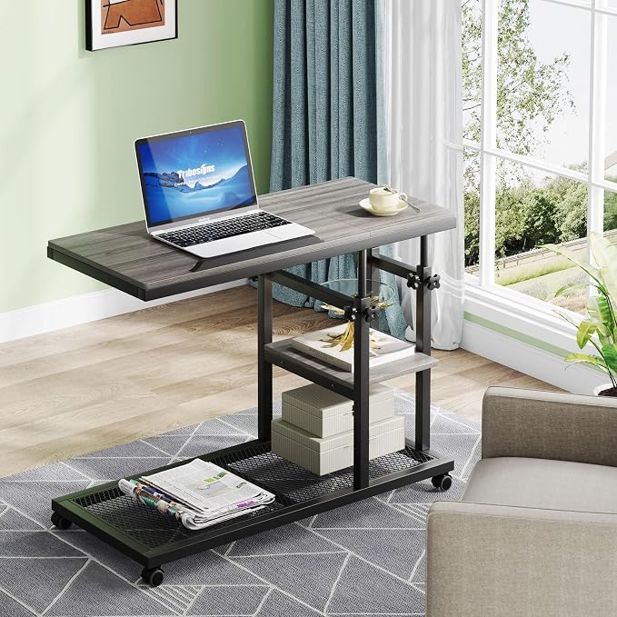 Tribesigns Height Adjustable C Table with Wheels, Mobile Couch Snack Side Table with Tiltable Drawing Board, Sofa Bedside Laptop Stand C Shaped TV Tray with Storage Shelves (Grey) - Image 9