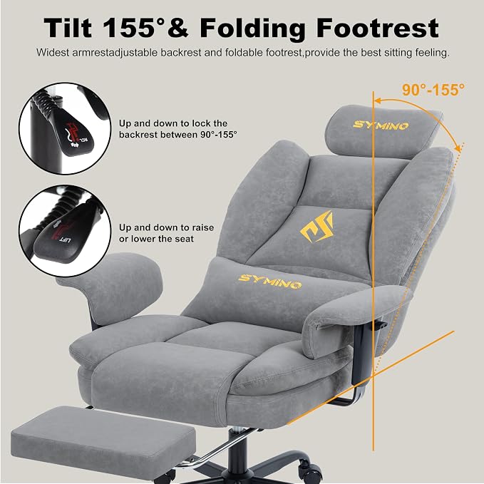 Symino Gaming Chair with Footrest, Up/Down Armrests, Suede Fabric Ergonomic Office Chair, 150° Recline Computer Chair for Desk, Grey - Image 6