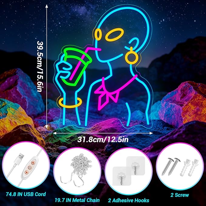 Drinking Neon Signs for Wall Decor, Boho Figure LED Wall Art for Home Bar Decor, USB Dimmable Neon Lights, Housewarming, Birthday, Christmas Gift (Alien Blue) - Image 3