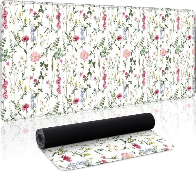 White Kawaii Flower Mouse Pad Large Desk Mat Extended Keyboard Mouse Pad Cute Mousepad with Non-Slip Base and Stitched Edge Floral Mouse Mat Desk Pad 31.5 x 11.8 Mouse Pads for Desk Home Office Gaming by Unknown