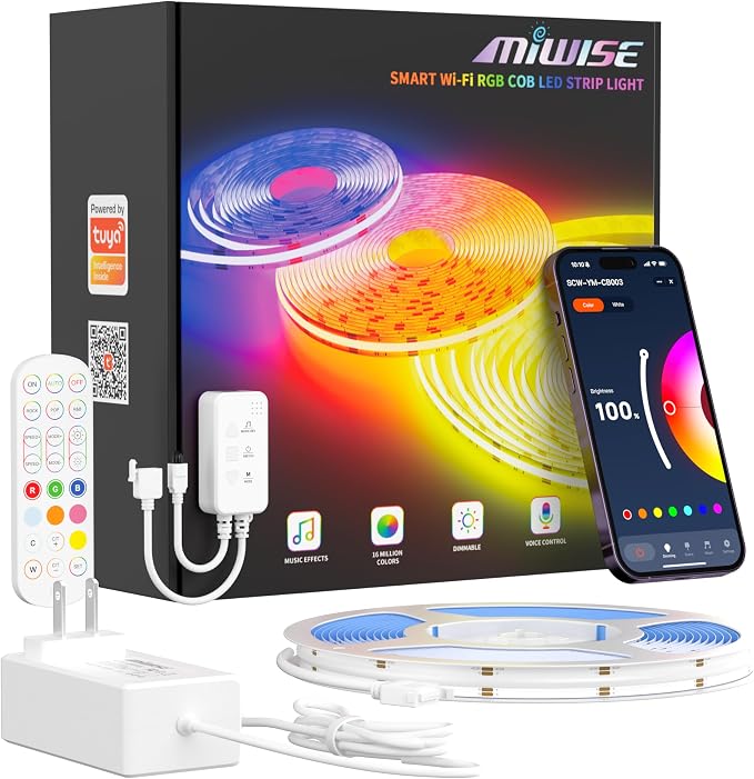 MIWISE RGB COB LED Strip Light,Color Changing LED Strip Lights Compatible with Alexa/Google,24V Music Sync Bright Flexible LED Tape Lighting for Bedroom,Kitchen,Bar,Under Cabinets,DIY Decoration,20ft by MIWISE