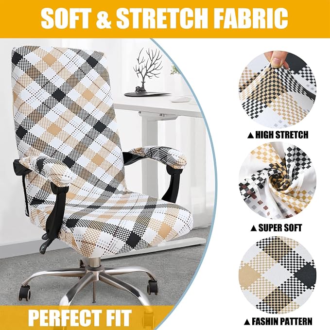 Smiry Office Computer Chair Cover with Armrest Covers, Khaki and Black | Stretch Printed Universal Removable Washable Desk Rotating Chair Slipcovers, Soft Anti-Dust Spandex Protector with Zipper - Image 3