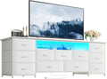Huuger 63 Inch TV Stand for 65, 70 Inch TV, 11 Drawer Long Dresser with Power Outlets and LED Lights, Entertainment Center with Storage, White Dresser with PU Leather Surface by Huuger