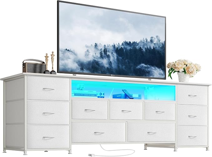 Huuger 63 Inch TV Stand for 65, 70 Inch TV, 11 Drawer Long Dresser with Power Outlets and LED Lights, Entertainment Center with Storage, White Dresser with PU Leather Surface by Huuger
