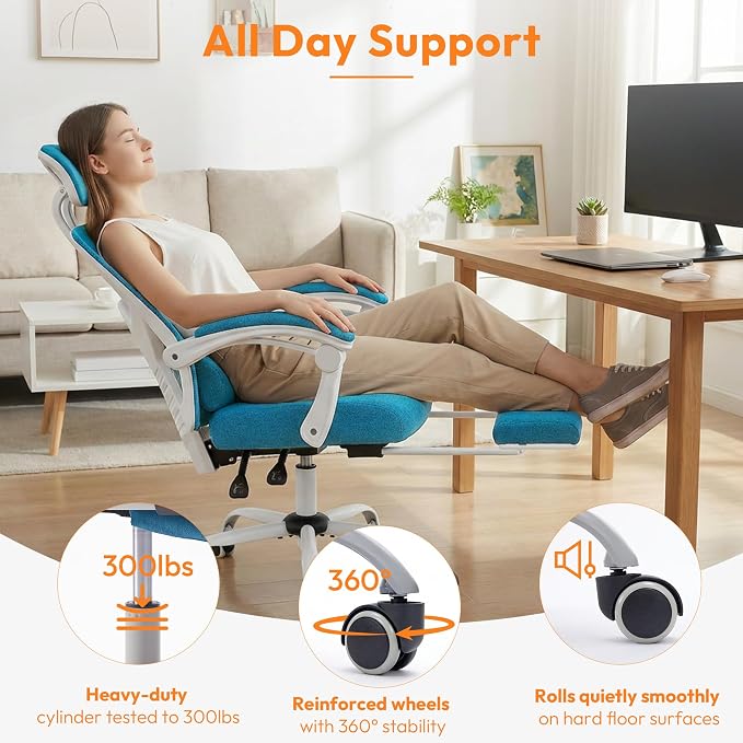 Ergonomic Desk Chair, High Back Office Chair with Wheels, Elegant Blue | Computer Chair with Footrest, Swivel Reclining Gaming Chair with Headrest, Comfy Armrest for Home, Office, Work, Study - Image 7