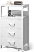 Lazzanto Night Stand with Charger Station, 3 Fabric Drawers, White by Lazzanto