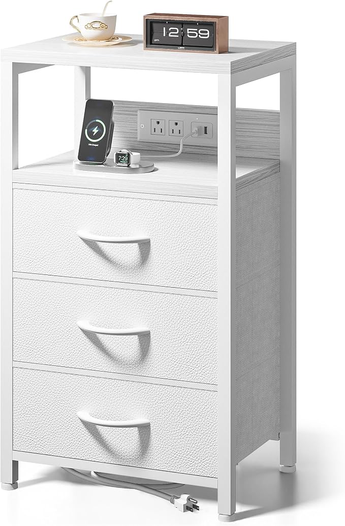 Lazzanto Night Stand with Charger Station, 3 Fabric Drawers, White by Lazzanto