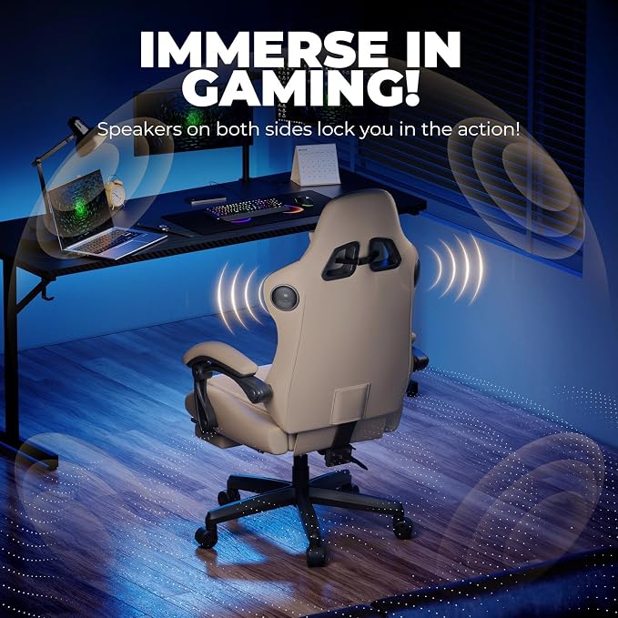 GTPLAYER Gaming Chair with Speakers ACE-PRO, Computer Video Game Chairs with Footrest for Adults, Built-in Speakers, App Support & Bluetooth Control, Ergonomic Reclining Silla, Linkage Armrest, Ivory - Image 4