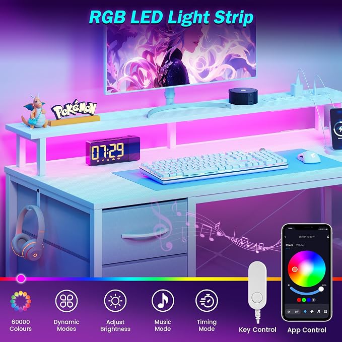 51 Inch Gaming Desk with Drawers & PC Tower Stand & LED Lights, White - Image 4