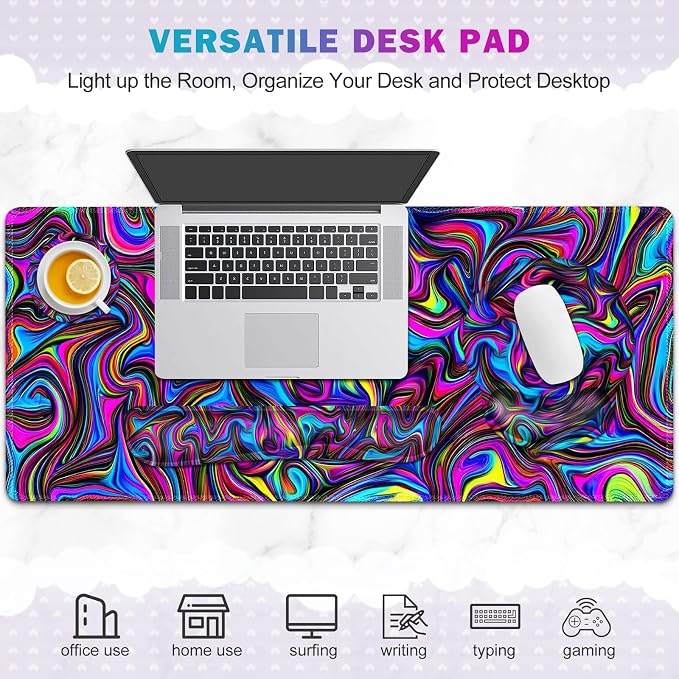 Gaming Mouse Pad, Large Desk Mat, Cute Desk Pad Protector, 4in1 XXL Mousepad + Keyboard Wrist Rest+Mouse Wrist Rest+Coaster Set with Ergonomic Desk Pad for Home Office Computer, Dazzling Bright Color - Image 6