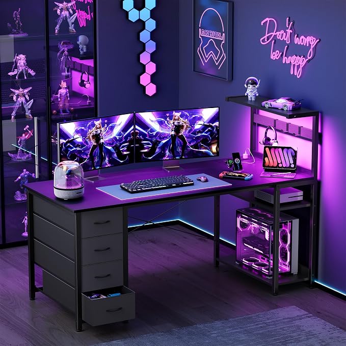 55in Gaming Computer Desk with Drawers & Storage Shelf & Iron Hook, Black - Image 2