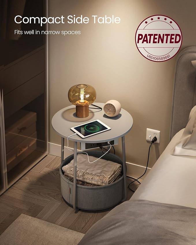 VASAGLE Side Table with Charging Station,Fabric Basket, Round End Table - Image 4