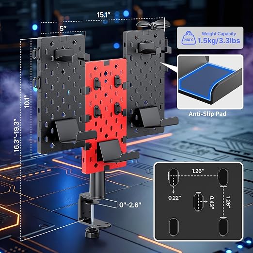 PEGZONE Modular Headphone and Controller Holder for Game, Clamp-on Pegboard, Rotatable Controller Stand with Cable Hooks, Gaming Accessory for Xbox PS5 PS4 Nintendo Switch, 3Pcs Pegboard, Red | Modular Desk Controller Stand with Cable Hooks - Image 8