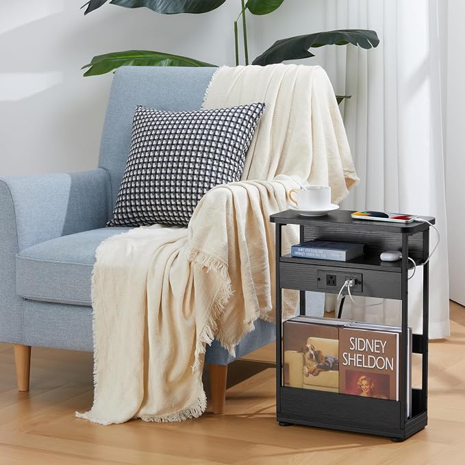 YEAKOO Narrow Side Table with Charging StationSmall Spaces Narrow End Table - Image 2