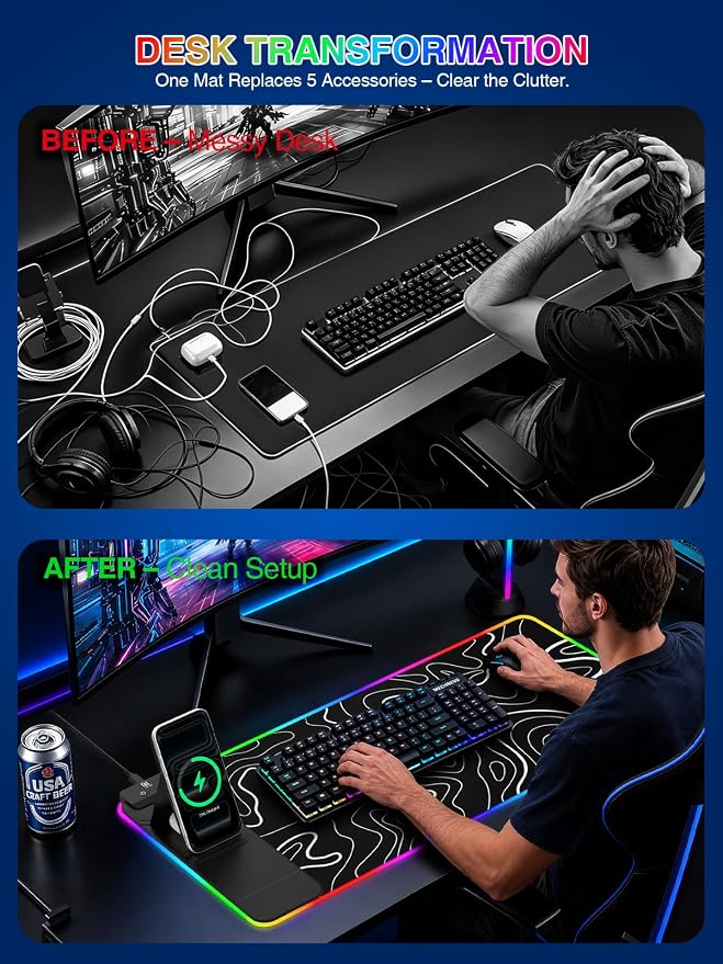 RGB Mouse Pad with Foldable Phone Stand Wireless Charger, 31.5"x11.8" XL Gaming Mousepad Large Desk Mat, Desk Pad with 11 Colors 5 Modes, Waterproof - Image 6