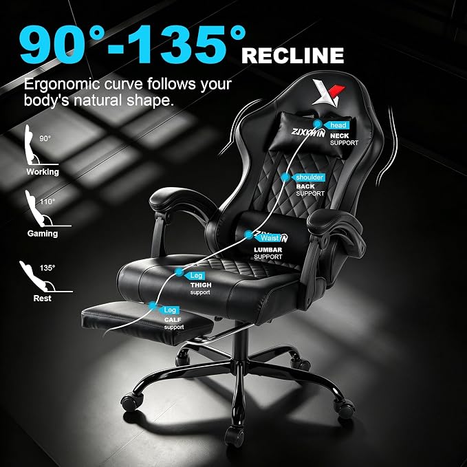 Gaming Chair for Adults with Pocket Spring Cushion, Ergonomic High Back Computer Chair with Footrest and Lumbar Support, Adjustable Height 360° Swivel Recliner, Black - Image 5