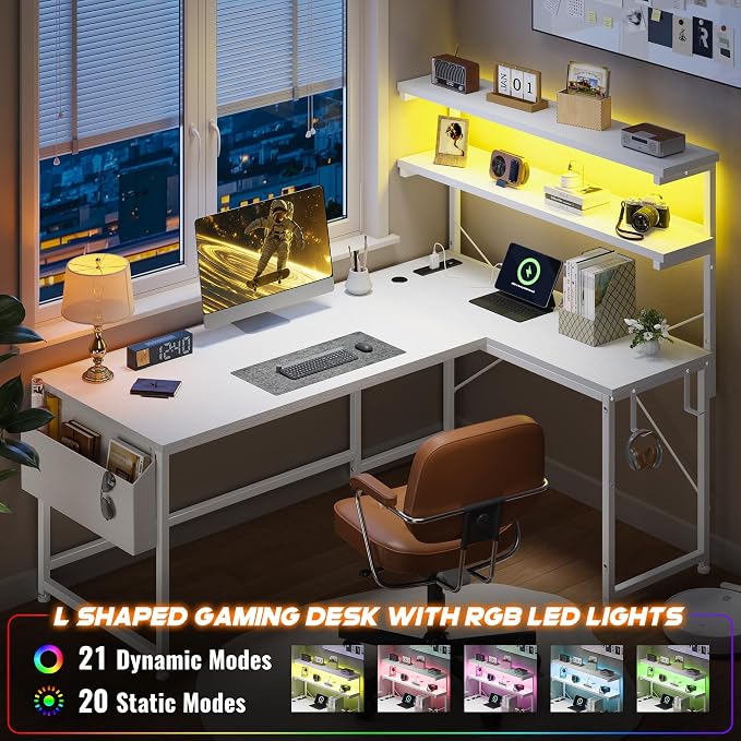 DurayLoly White L Shaped Desk with LED Light & 5 Power Outlet for Gaming - Image 4